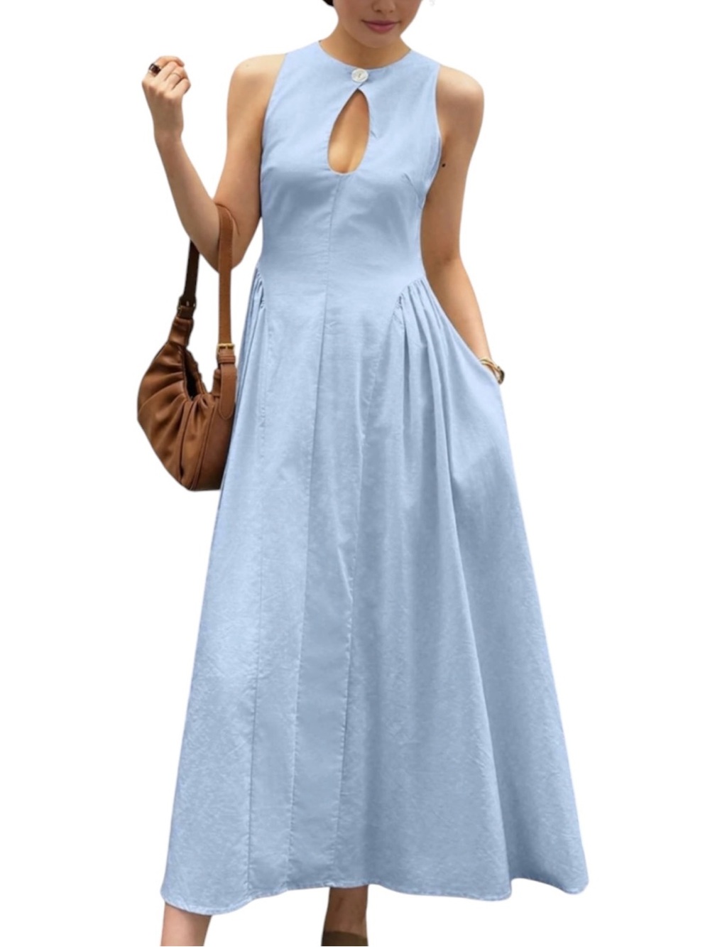 Commense Light Blue Linen Cotton Cutout Pleated Maxi Dress Medium NWT